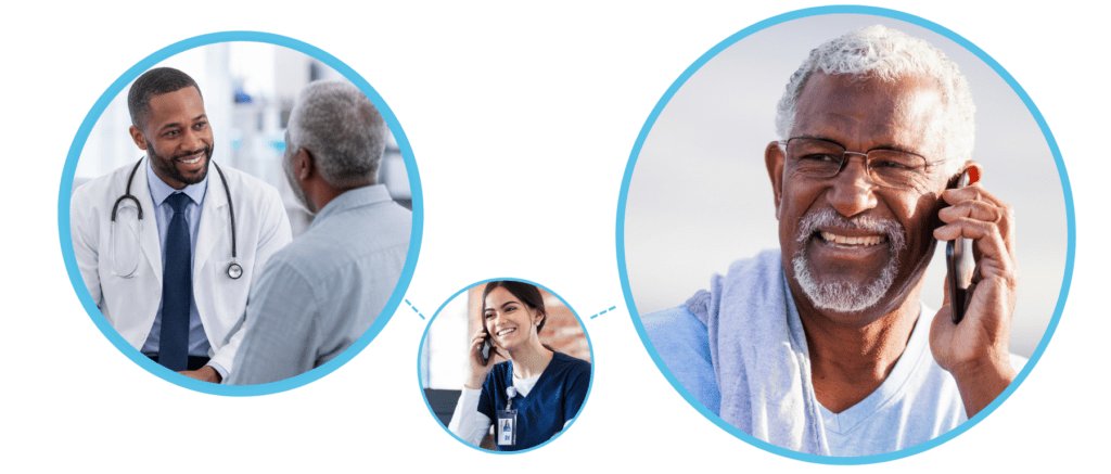 Three circles. One circle has a doctor speaking with a patient, the second circle is a nurse on the phone, and the third circle is of the patient receiving a call.